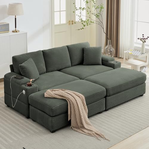 86.6" Sectional Sofa Couch with 2 Ottomans, Comfy Corduroy Upholstered Cloud Modular Convertible Couch with Cup Holders and USB, Armrest Storage, Deep Seat Oversized Loveseat for Living Room, Green - color: Green