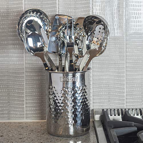 Viking Kitchen Utensil Holder, Hammered Stainless Steel Kitchen Utensils Organizer Crock, Counter Top Storage, Cooking Accessories, Silver - style: Utensil Holder