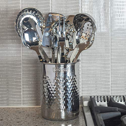 Viking Kitchen Utensil Holder, Hammered Stainless Steel Kitchen Utensils Organizer Crock, Counter Top Storage, Cooking Accessories, Silver - style: Utensil Holder