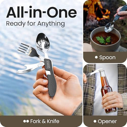 Orblue 4-in-1 Camping Utensils, 1-Pack, Portable Stainless Steel Spoon, Fork, Knife & Bottle Opener Combo Set - Travel, Backpacking Cutlery Multitool, Black - color: 1-PACK Boundless Black