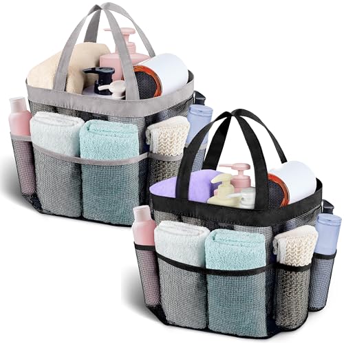 Attmu Mesh Shower Caddy Portable for College Dorm Room Camping Essentials, Shower Caddy Dorm with 9-Pockets, Large Capacity Hanging Basket Bathroom Bag for Toiletry, Swimming, Gym, Camp, Beach - color: Black Grey