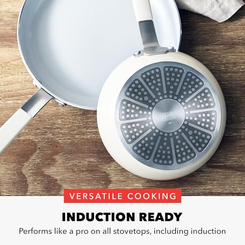 GreenPan x Bobby Flay 13 Piece Nonstick Cookware Pots and Pans Set, PFAS-Free Diamond Ceramic, Induction Suitable, Easy Clean Dishwasher & Oven Safe, Stay-Cool Silicone Handles, Glass Lids, Cream - color: Cream