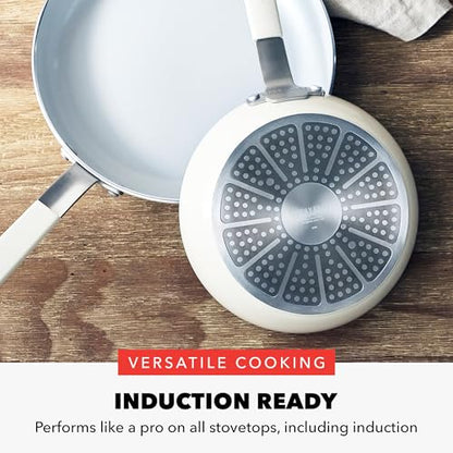 GreenPan x Bobby Flay 13 Piece Nonstick Cookware Pots and Pans Set, PFAS-Free Diamond Ceramic, Induction Suitable, Easy Clean Dishwasher & Oven Safe, Stay-Cool Silicone Handles, Glass Lids, Cream - color: Cream