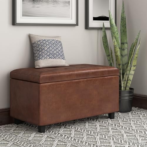 SIMPLIHOME Cosmopolitan Storage Ottoman - 34 inch Wide Upholstered Vegan Leather Rectangle Storage Ottoman Bench in Distressed Saddle Brown, Transitional Tufted Ottoman for Entryway with Lift-Up Lid - color: Distressed Saddle Brown
