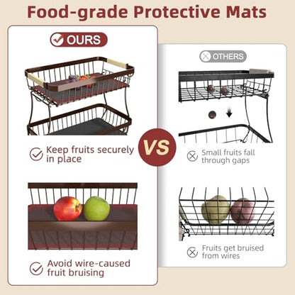 Sevenblue 2 Tier Large Fruit Basket for Kitchen Counter with 2 Mobile Banana Hangers, 2026 Pro Detachable Metal Fruit Bowl with Wooden Handle (Brown, 2 Tier) - color: Brown, size: 2 Tier Standard