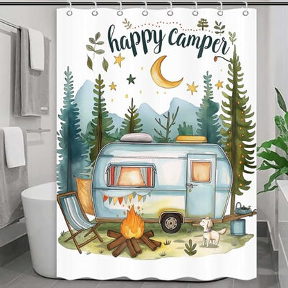 Happy Camper Small Stall RV Shower Curtain Rustic Tree Mountain Adventure Tent Camping Bathroom Curtains Travel Trailer Bathroom Accessories Set with Hooks 47 x 64 Inches - color: Blue, size: 47"W x 64"L (Pack of 1)