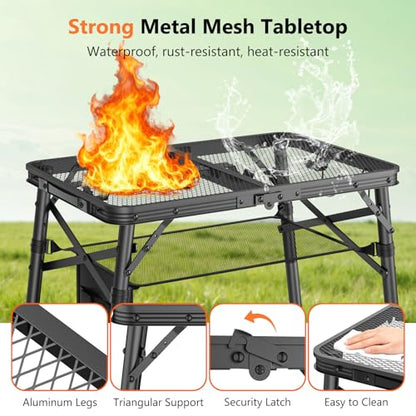 Folding Grill Table for Outside, 3 Height Adjustable Small Camping Table with Mesh Bag, Metal Aluminum Folding Table, 23.62 x 15.75 inches, Portable Grill Stand for Picnic, Camping, BBQ, Beach, Black - size: 23.62 x 15.75 x 27.56 inch