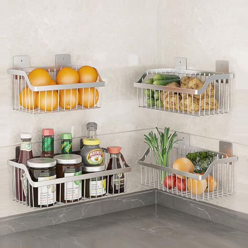 Hanging Kitchen Baskets, Storage Spice Shelf, Wall Mount Storage Baskets, SUS304 Stainless Steel Basket for Kitchen, Bathroom, Storage, 4 Pack, L 11.8Inch, D 6.3Inch, H 4.75Inch - size: 13.8Inch 4PCS