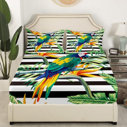 Erosebridal Tropical Tree Fitted Sheet Full,Black White Stripe Bedding Set Green Plant Palm Leaves Bed Cover Bird Parrot Animal Bed Sheet Set,Botanical Yellow Floral Bedding with 2 Pillow Shams - color: Leaf 06, size: Full(54"x75")