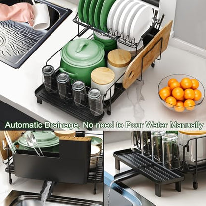 Runnatal Large Dish Drying Rack with Drainboard Set, Stainless Steel Detachable 2-in-1 Large-Capacity 2-Tier Over The Sink Anti-Rust Dish Rack and Dish Drainer for Kitchen Counter - size: 2-Tier