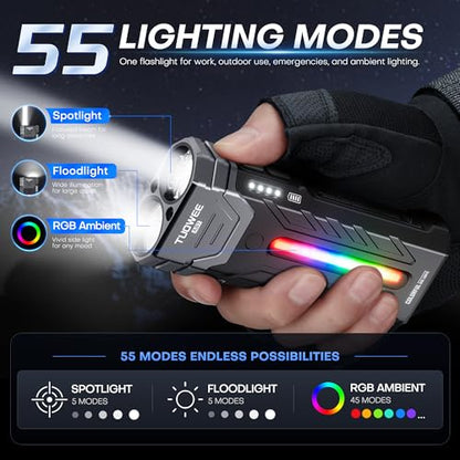 EDC Rechargeable Flashlight 3250 Lumens with RGB Light,55 Modes Multifunctional Flat Flashlight with Floodlight,Spotlight and Magnetic Base,Waterproof USB C Flashlight for Camping,Home,Emergencies - size: Black