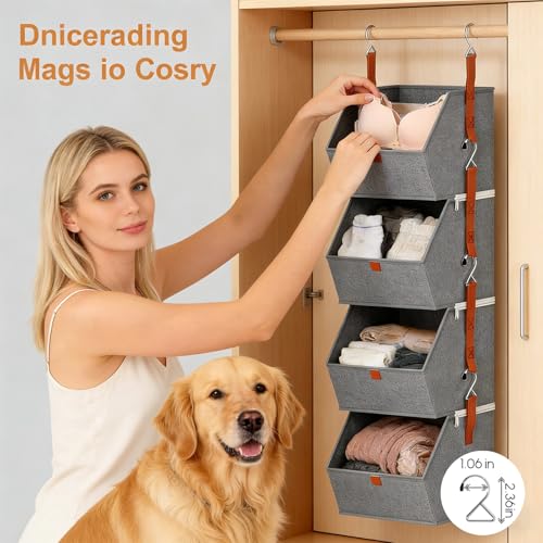 Hanging Closet Organizer with Detachable Mesh Bins - 4 Tier Fabric Storage Shelves for Closet Organization, Small Closet, Wardrobe, Bedroom, Dorm & RV, Collapsible Hanging Storage System