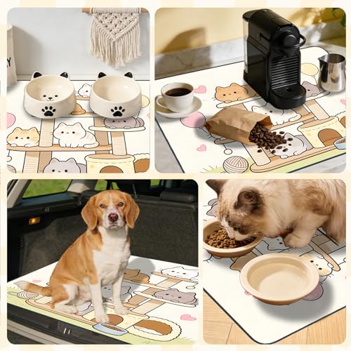 Nuxovilar Pet Food Mat Dog Supplies Whimsical Cat-Themed Polyester (23.62×17.71 inches) Bowl Water Spill Pad Feeding Gear for Home, Pet Tree Area, Feeding Spot - color: Mi07693