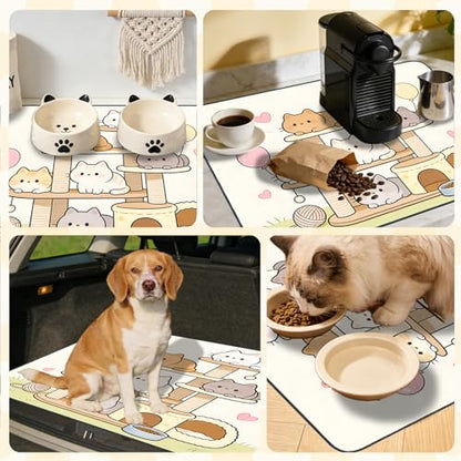 Nuxovilar Pet Food Mat Dog Supplies Whimsical Cat-Themed Polyester (23.62×17.71 inches) Bowl Water Spill Pad Feeding Gear for Home, Pet Tree Area, Feeding Spot - color: Mi07693