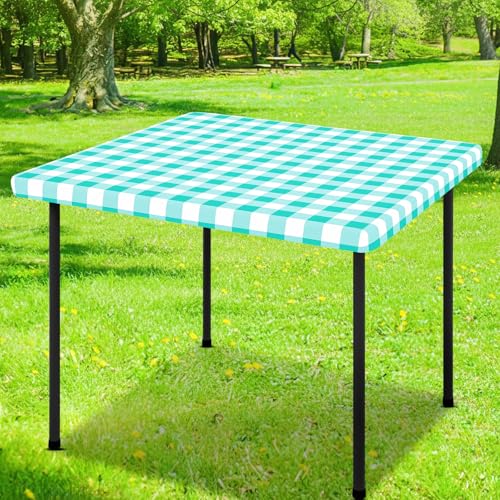 Smiry Square Picnic Table Cloth, Elastic Waterproof Fitted Vinyl Tablecloths, Flannel Backed Buffalo Plaid Table Covers for Dining, Camping, Outdoor (White and Teal, 42" x 42") - color: Teal and White, size: 42" x 42" (Square)