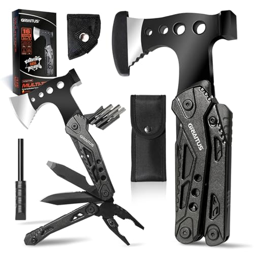 16 in 1 Multitool Survival Gear for Camping & Hiking, Multi Tool with Axe, Hammer, Pliers, Saw, Screwdrivers & Whistle, Camping Accessories and Gifts for Men Dad Husband - color: Black