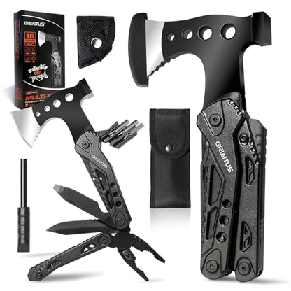 16 in 1 Multitool Survival Gear for Camping & Hiking, Multi Tool with Axe, Hammer, Pliers, Saw, Screwdrivers & Whistle, Camping Accessories and Gifts for Men Dad Husband - color: Black