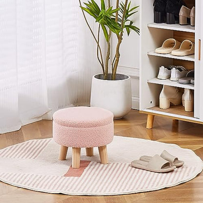 Wimarsbon Storage Ottoman, Modern Round Footrest with Soft Padded Seat, Teddy Velvet Footstool with Wood Legs, Accent Small Table or Plant Stand for Hallway, Living Room (Pink) - color: Pink