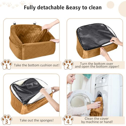 NEEZUKAR Dog Car Seat for Small Medium Dogs,Detachable Washable Dog Booster Seat Under 30lbs,Pet Car Seat Travel Bed with Storage Pockets and Dog Safety Belt（Brown - color: Brown