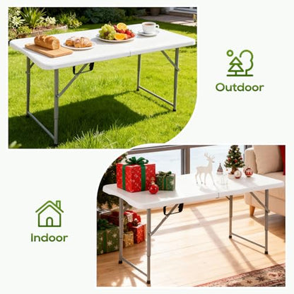 FDW 4FT Folding Table, Portable Fold-in-Half Plastic Picnic Party Table with Carrying Handle (White, 4FT)