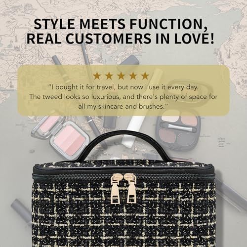 Makeup Bag, Luxury Tweed Cosmetic Bag for Women, Large Capacity Toiletry Bag Portable Organizer Pouch with Handle