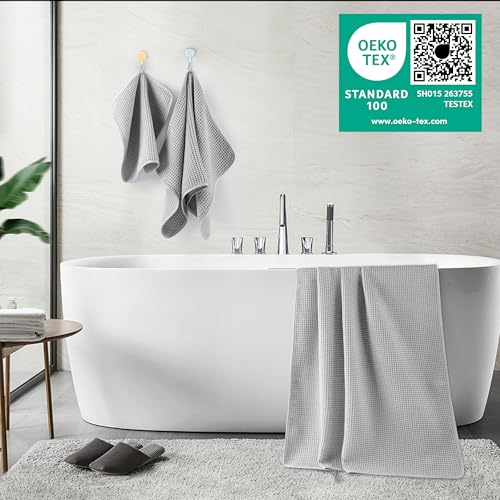 POLYTE 430 GSM Microfiber Quick Dry Lint Free Oversize Bath Towel Set, 6 Piece (Waffle Weave) - color: Light Gray