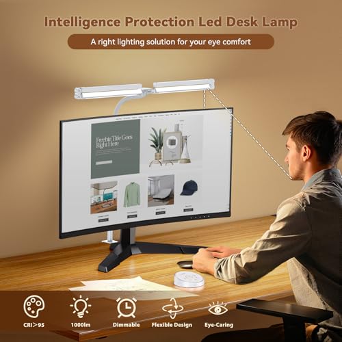 Pzloz Led Desk Lamp with Clamp: Architect Desk Lamp for Home Office, Eye Caring Double Head Computer Monitor Work Desk Light with Remote Control - 24W Flexible Dimmable Desktop Table Lamp White - color: White Plus