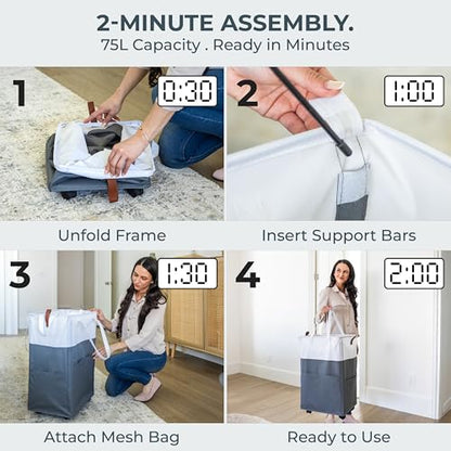 Laundry Basket with Wheels – Foldable, Space-Saving, Fabric Slim Laundry Hamper with Removable Bag and Side Pouches – Lightweight 75L Washing Basket for Clothes, Bedroom, Bathroom, Dorm