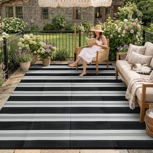 Lahome Striped Outdoor Rug 8x10 Patio Waterproof, Reversible Outdoor Plastic Straw Rug for Camping, RV Patio Rugs Outside Large Carpet for Porch Deck Backyard Picnic(Black/Grey,8'x 10') - color: Black/Multi, size: 8'x10'