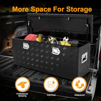 Black 44 Inch Truck Chest Tool box Heavy Duty Aluminum Stripes Plated Pick Up Truck Bed Box Waterproof RV Toolbox Storage with Side Handle and Lock Keys –44"x14"x16" - color: Black, size: 44"x14"x16"