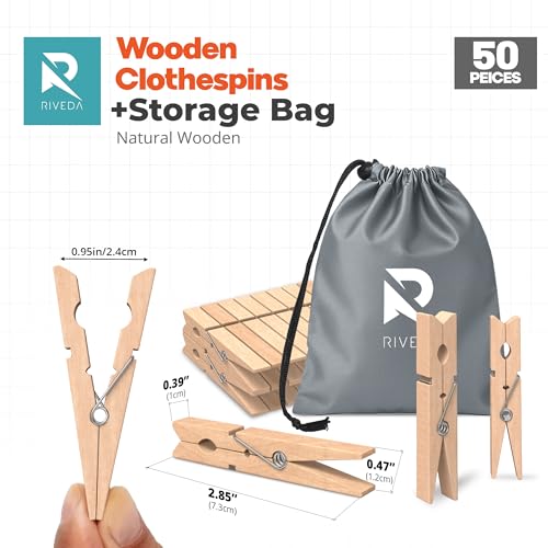 RIVEDA 50pcs Wooden Clothes Pins with Storage Bag, 2.9 Inch Natural Wood Clothespins, Strong Grip Laundry Clips for Clothesline, Hanging Clothes, Crafts & Home Use - color: Wood
