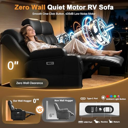 Power RV Loveseat Recliner Sofa, Reclining Loveseats Couch for RV Furniture, Home Theater Seating with Heat Massage, Flip Backrest, USB, Cup Holders, 150° Wall Hugger RV Recliners Sleeper Sofas - color: Flip Back Black, size: Loveseat-G1-Power