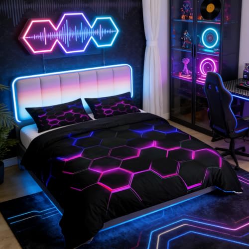 3D Honeycomb Duvet Cover Set King Size,Hexagon Theme with Pink Blue Neon Lights Comforter Cover,Boys Teen Man Chic Creative Home Bedding Quilt Cover 3 Piece with 2 Pillowcases,Black - color: Multi 01, size: King 104"x90"