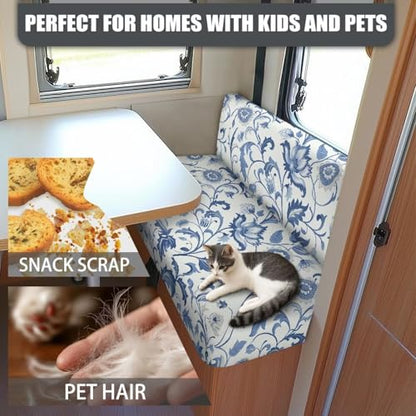 RV Dinette Cushion Covers, Stretchable Camper Cushion Covers Washable Blue Leaves Rv Sofa Slipcovers Furniture Protector with 1 Backrest Cover & 1 Bench Cover - color: Blue Leaves