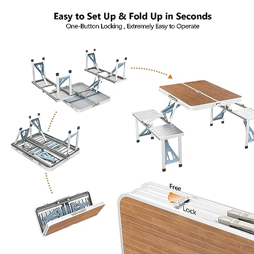 VINGLI 4 Ft Camping Picnic Table Set with 4 Seats with Umbrella Hole Folding Lightweight Suitcase Card Table-220 Lbs Support Aluminum Frame, Plastic RV Tabletop for Barbecue,Travel,Outing,Gathering - color: Natural