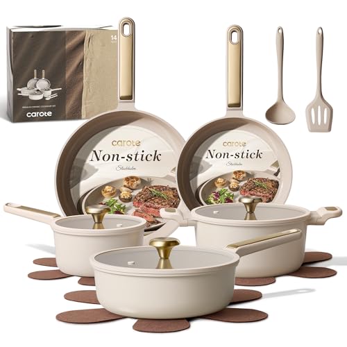 CAROTE Ceramic Cookware Set Nonstick, 14pcs Pots and Pans Set Nonstick, Non-Toxic & PFAS-Free, Dishwasher, RV/Camping Cookware Set, Cooking Pots with Lids, Light Taupe - color: Light Taupe, size: 14 Piece