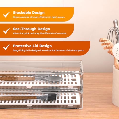 2 Pack Clear Silverware organizer with lid, Plastic Flatware Storage Box, Kitchen Drawer Organizer tray, Cutlery Utensil Holder