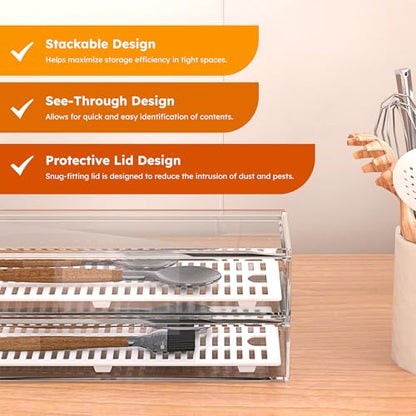 2 Pack Clear Silverware organizer with lid, Plastic Flatware Storage Box, Kitchen Drawer Organizer tray, Cutlery Utensil Holder