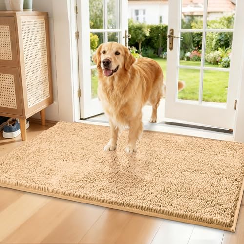 Chenille Absorbent Front Door Mat 48" x 24", Dog Door Mat for Muddy Paws, Trap Dirt Doormat, Mud Mat for Dogs, Washable Non Slip Outdoor Indoor Doormats for Entryway, Beige - color: Beige, size: 48"L x 24"W x 1"Th