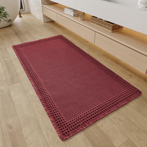 RESARE Waffle Bathroom Runner Rugs, Super Absorbent Bath Mat Non Slip Washable Quick Dry, Upgraded Ultra Soft Boho Bath Rugs with Tassels, Farmhouse Home Decor Accessories, 2'x4'(24"x48") Dark Red - color: Dark Red, size: 2' X 4'