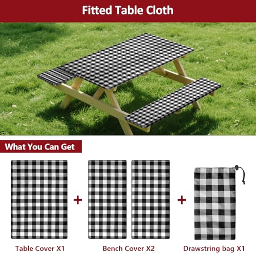7ft Picnic Table and Bench Cover, Camping Essentials RV Gear, 84 in Waterproof Windproof Outdoor Elastic All Around Tablecloth, Fitted Rectangle Tables and Seats, Black-White Checkered - color: Black-white Checkered, size: 84"