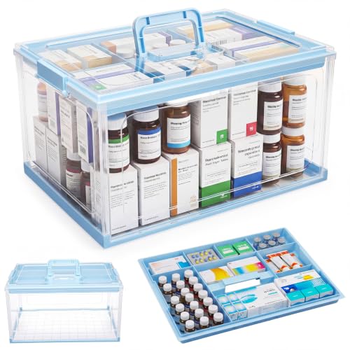 Hushee 24qt Clear Medicine Organizer Storage Box Plastic First Aid Box Empty with Removable Tray and Handle Portable Collapsible Medical Supply Container for Home, Travel, Emergency Use (Blue) - color: Blue