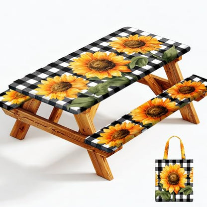 Picnic Table Cover with Bench Covers Elastic Edges, Outdoor Patio Camping Essentials 72 Inch 3PCS, Waterproof Camping Fitted Tablecloth with Handbags (Sunflower buffalo plaid) - color: Black checkered sunflowers, size: 72" x 30" (Rectangular)