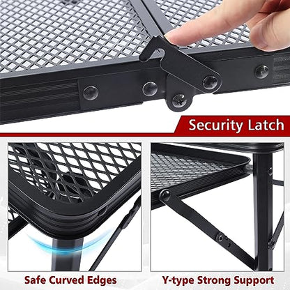 JOUYEK Folding Grill Table, 3x2 FT Portable Camping Table with 2 Wing Panels, Height Adjustable Metal Tables with Mesh Desktop and Mesh Bag, Outdoor Furniture for Camping, Picnic, Beach and BBQ, Black - style: 3X2 FT with 2 panels