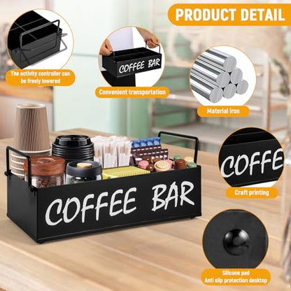 Coffee Station Organizer with Handles, Metal Coffee Bar Accessories Organizer for Countertop, Pod Holder Basket for Sugar Tea - Black Table Decor - style: Black -4 compartments