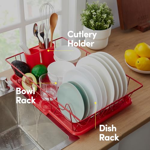 Sweet Home Collection Space-Saving 3-Piece Dish Drainer Rack Set: Efficient Kitchen Organizer for Quick Drying and Storage - Includes Cutlery Holder and Drainboard - Maximize Countertop Space, Red - color: Red