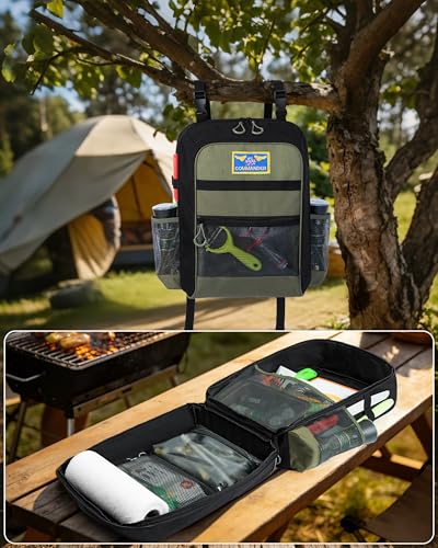Marscamd Camp Kitchen Organizer Backpack with Paper Towel Holder, Hanging Camping Utensil Storage Bag with Multi Pockets for Camping Utensils, Barbecue Tool, Bag Only, Black