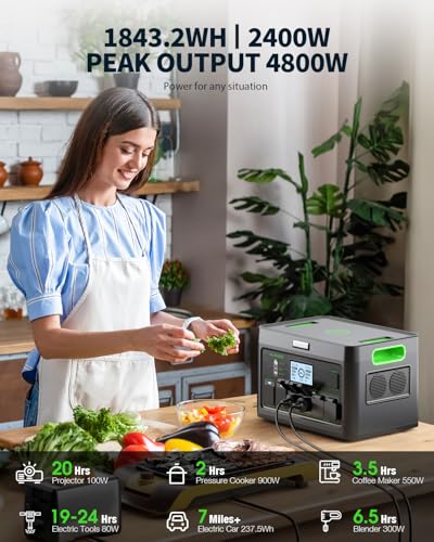 2400W Portable Power Station 1843.2Wh Solar Generator LiFePO4 Battery Power Bank Station PD100W USB-C & 4 AC Outlets for RV Camping Home Emergency UPS Backup - color: Dark Black