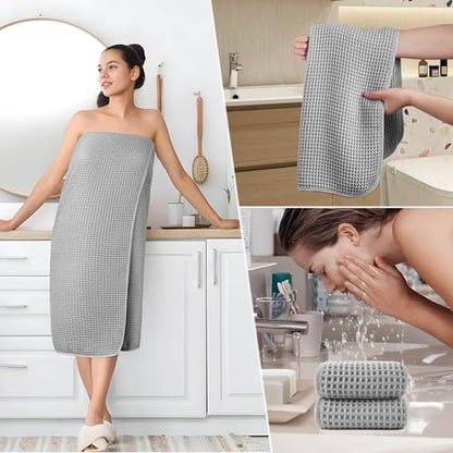 POLYTE 430 GSM Microfiber Quick Dry Lint Free Oversize Bath Towel Set, 6 Piece (Waffle Weave) - color: Light Gray