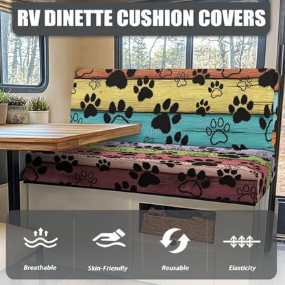 Dog Paw RV Dinette Cushion Covers Colorful Board RV Stretch Sofa Seat Slipcovers Washable Camper Couch Cushion Covers Include 1 Bench Cover 1 Backrest Cover - color: Dog Paw Colorful Board